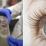 Split Picture of a Scientist Holding Testing Vessels and a Human Eye